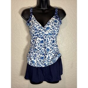 Tommy Bahama Tankini Woodblock Blossom Blue White Tankini and Skort Bottom, S/M